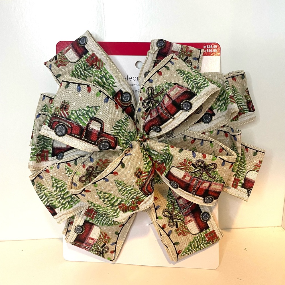 12” Christmas Tree with Red Truck Holiday Festive Burlap Bow , Tree topper bow